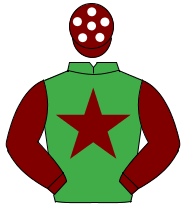 EMERALD GREEN, maroon star & sleeves, maroon cap, white spots                                                                                         