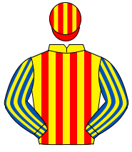YELLOW & RED STRIPES, royal blue & yellow striped sleeves, red & yellow striped cap                                                                   