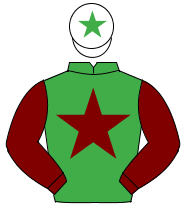 EMERALD GREEN, maroon star & sleeves, white cap, emerald green star                                                                                   