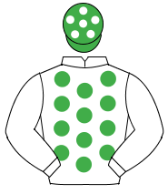 WHITE, emerald green spots, white sleeves, emerald green cap, white spots                                                                             