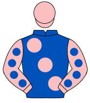 ROYAL BLUE, large pink spots, pink sleeves, royal blue spots, pink cap                                                                                
