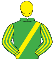 EMERALD GREEN, yellow sash, striped sleeves, yellow cap                                                                                               