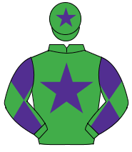 EMERALD GREEN, purple star, diabolo on sleeves, purple star on cap