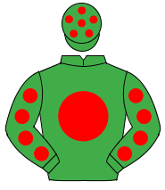 EMERALD GREEN, red disc, red spots on sleeves, emerald green cap, red spots