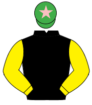 BLACK, yellow sleeves, emerald green cap, pink star
