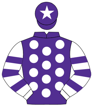 PURPLE, white spots, white & purple hooped sleeves, purple cap, white star                                                                            