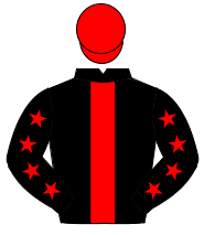 BLACK, red panel, red stars on sleeves, red cap