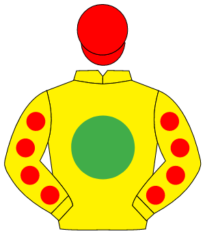 YELLOW, emerald green disc, yellow sleeves, red spots, red cap