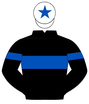 BLACK, royal blue hoop, royal blue armlet, white cap, royal blue star