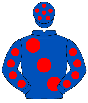 ROYAL BLUE, large red spots, red spots on sleeves, royal blue cap, red spots                                                                          