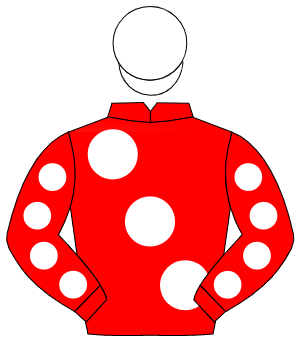 RED, large white spots, white spots on sleeves, white cap                                                                                             
