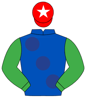 ROYAL BLUE, large dark blue spots, emerald green sleeves, red cap, white star