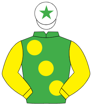 EMERALD GREEN, large yellow spots & sleeves, white cap, emerald green star