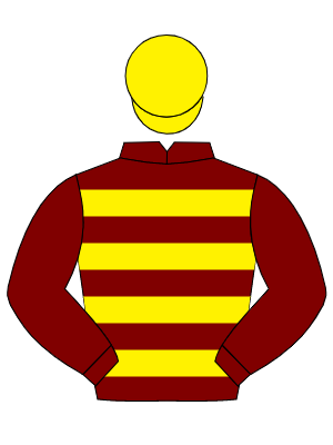 MAROON, yellow hoops, maroon sleeves, yellow cap