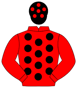 RED, black spots, red sleeves, black cap, red spots