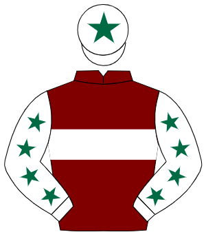MAROON, white hoop, white sleeves, dark green stars, white cap, dark green star