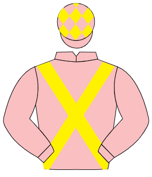 PINK, yellow cross sashes, yellow diamonds on cap