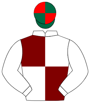 WHITE & MAROON QUARTERED, white sleeves, dark green & red quartered cap