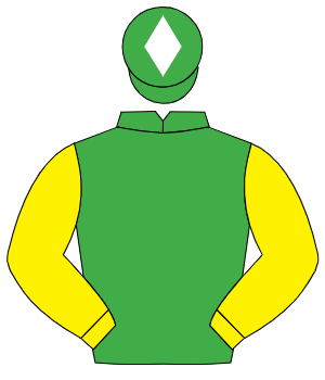 EMERALD GREEN, yellow sleeves, emerald green cap, white diamond