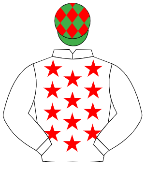 WHITE, red stars, white sleeves, emerald green cap, red diamonds