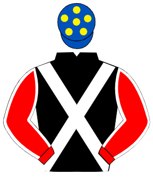 BLACK, white cross sashes, red sleeves, white seams, royal blue cap, yellow spots