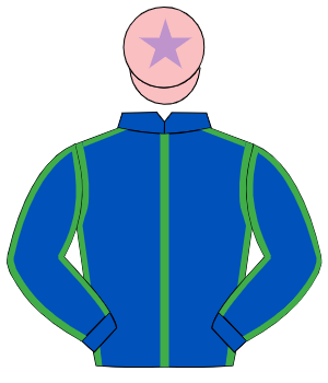 ROYAL BLUE, emerald green seams, pink cap, mauve star