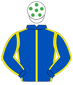 ROYAL BLUE, yellow seams, white cap, emerald green spots