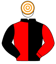 BLACK & RED HALVED, sleeves reversed, white & orange hooped cap                                                                                       