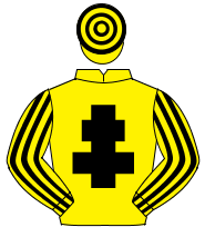 YELLOW, black cross of lorraine, striped sleeves, hooped cap                                                                                          