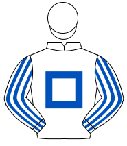 WHITE, royal blue hollow box, striped sleeves, white cap                                                                                              