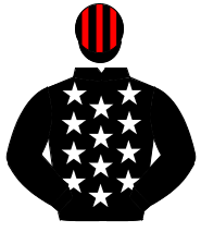 BLACK, white stars, black sleeves, black & red striped cap                                                                                            