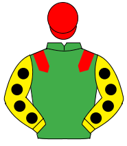 EMERALD GREEN, red epaulettes, yellow sleeves, black spots, red cap                                                                                   
