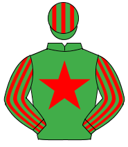 EMERALD GREEN, red star, striped sleeves & cap                                                                                                        