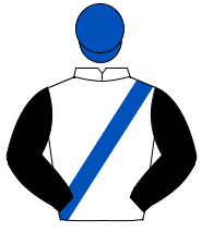 WHITE, royal blue sash, black sleeves, royal blue cap