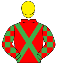 RED, emerald green cross sashes, check sleeves, yellow cap                                                                                            