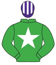 EMERALD GREEN, white star, purple & white striped cap                                                                                                 