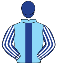 LIGHT BLUE, dark blue panel, dark blue & white striped sleeves, dark blue cap                                                                         