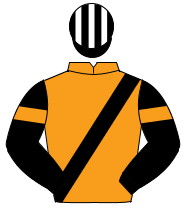 ORANGE, black sash, black sleeves, orange armlet, black & white striped cap                                                                           