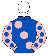 ROYAL BLUE, large pink spots, pink sleeves, royal blue spots, white cap                                                                               