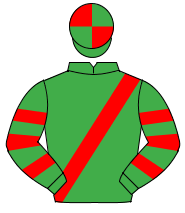 EMERALD GREEN, red sash, hooped sleeves, quartered cap                                                                                                