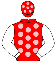 RED, pink spots, white sleeves, red cap, pink spots