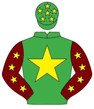 EMERALD GREEN, yellow star, maroon sleeves, yellow stars, emerald green cap, yellow stars                                                             