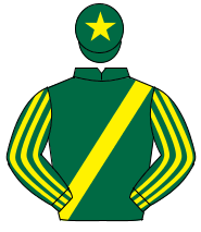 DARK GREEN, yellow sash, striped sleeves, yellow star on cap                                                                                          