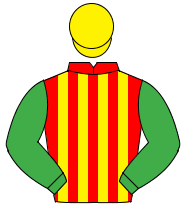 RED & YELLOW STRIPES, emerald green sleeves, yellow cap