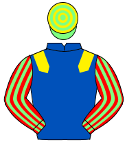 ROYAL BLUE, yellow epaulettes, red & light green striped sleeves, light green & yellow hooped cap