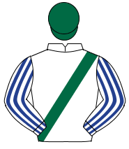 WHITE, dark green sash, white & dark blue striped sleeves, dark green cap                                                                             