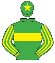 EMERALD GREEN, yellow hoop, striped sleeves, yellow star on cap                                                                                       