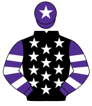 BLACK, white stars, purple & white hooped sleeves, purple cap, white star                                                                             
