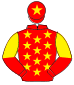 RED, yellow stars, halved sleeves, yellow star on cap