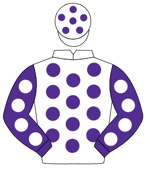 WHITE, purple spots, purple sleeves, white spots, white cap, purple spots                                                                             